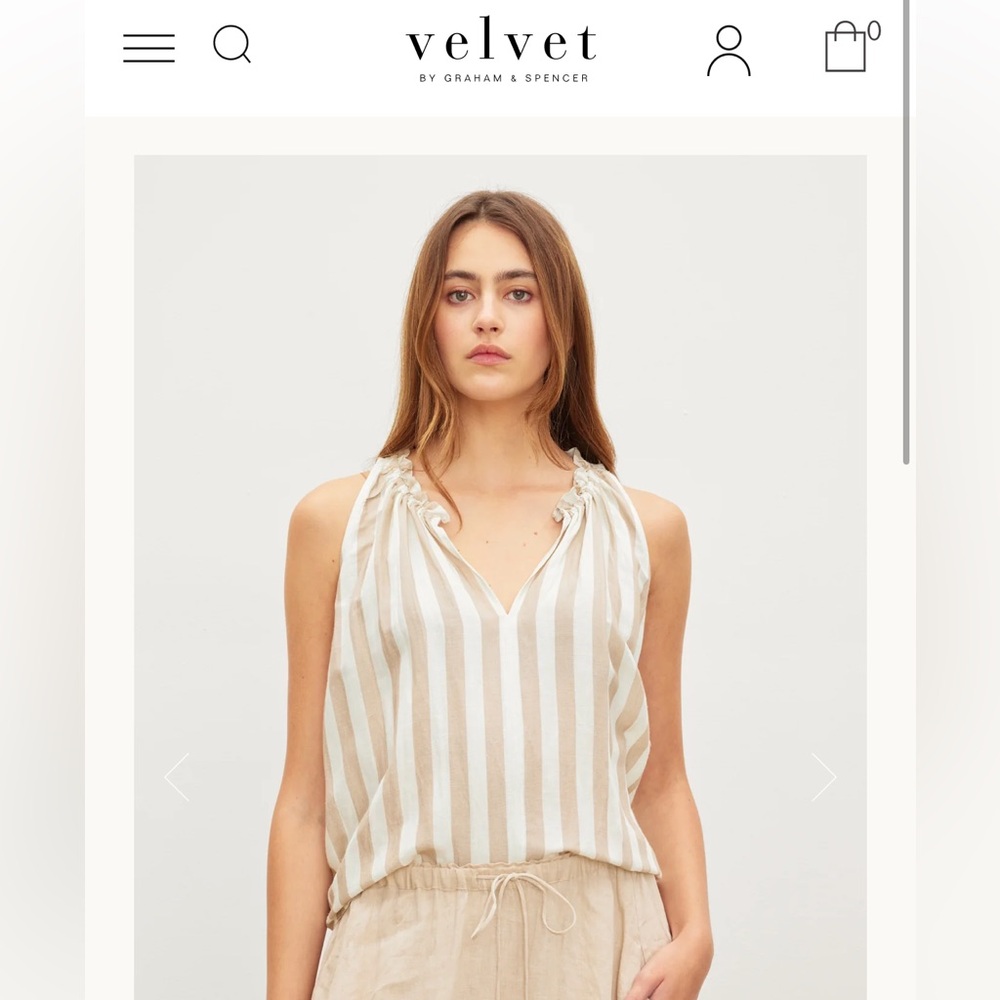 Velvet by Graham & Spencer Erica Striped Linen Top, Khaki/Cream, Size XL, NWOT